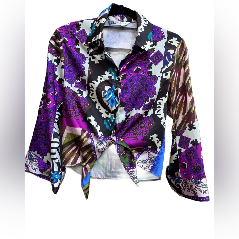 Zara Purple and Black Patterned Button Down Shirt